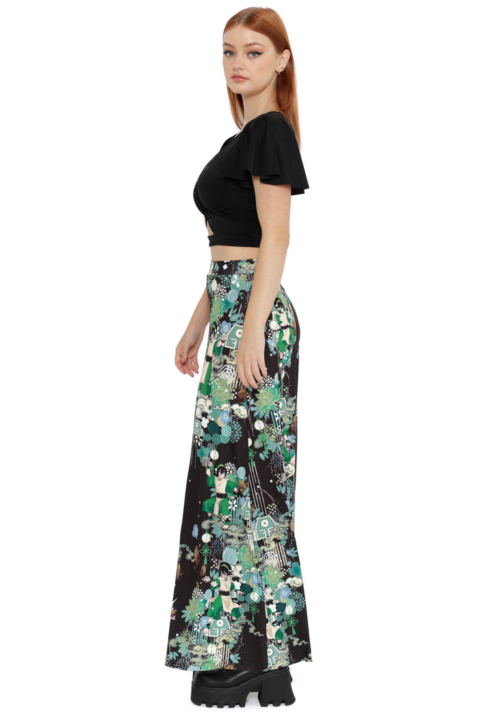 Avatar: The Last Airbender x BlackMilk Earth Kingdom inspired Avatar palazzo pants with The Blind Bandit design, official licensed apparel