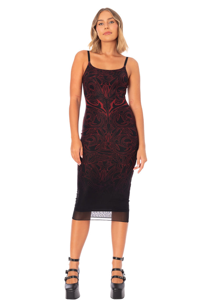 Elder Scrolls apparel dress with Daedric sigil design, sheer mesh layers and fitted silhouette