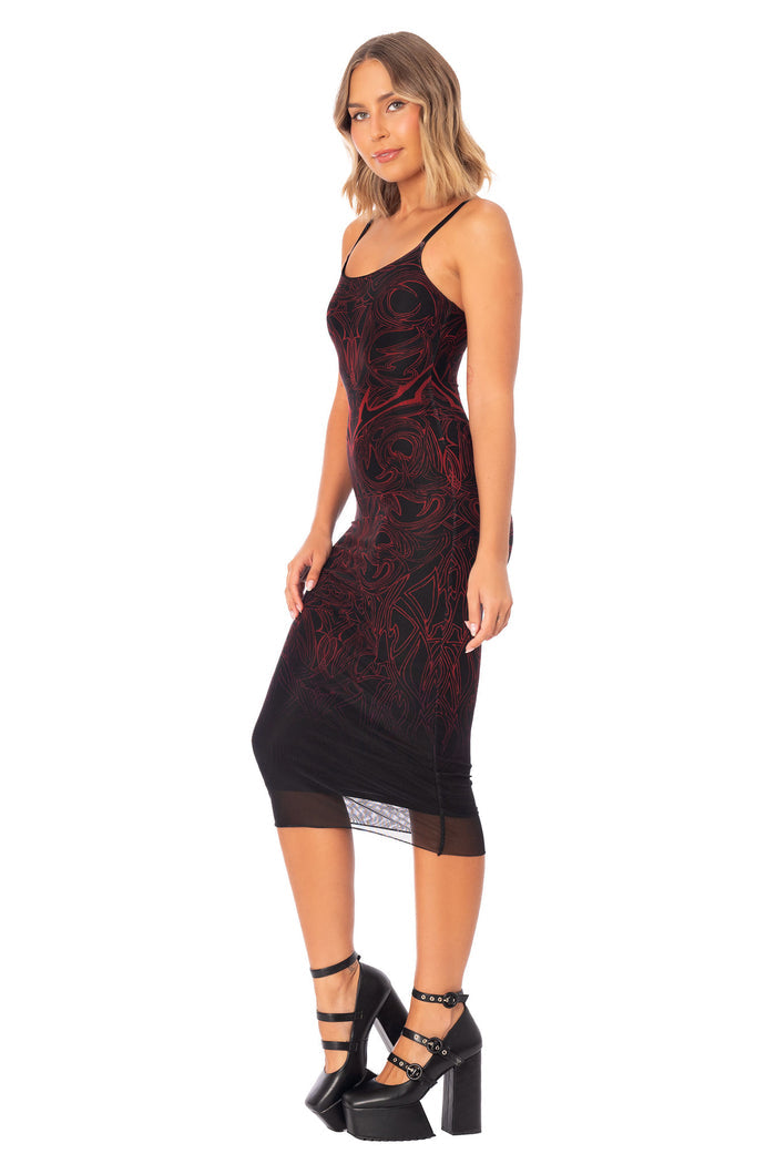 Elder Scrolls clothing dress inspired by hidden Daedric realms with swirling sigil print and mesh overlay