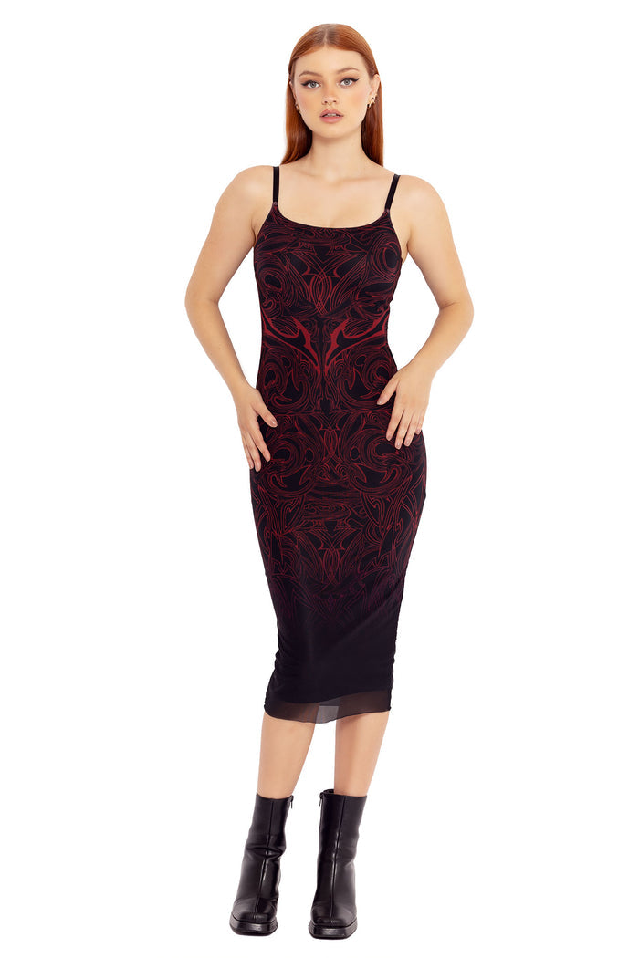 The Elder Scrolls fashion piece featuring sheer bodycon dress with Daedric rune inspired artwork