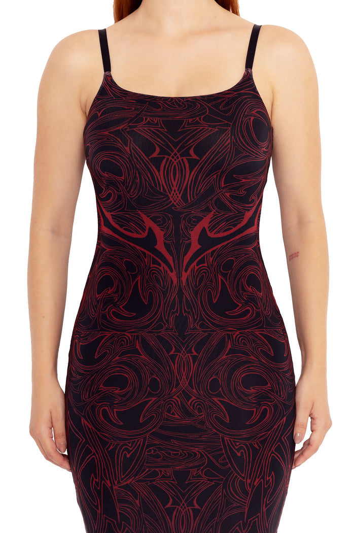 Elder Scrolls apparel bodycon dress with Daedric symbols, mesh layering and fitted midi silhouette