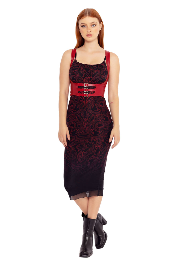 The Elder Scrolls Online clothing inspired dress with sheer mesh overlay and Daedric sigil detailing