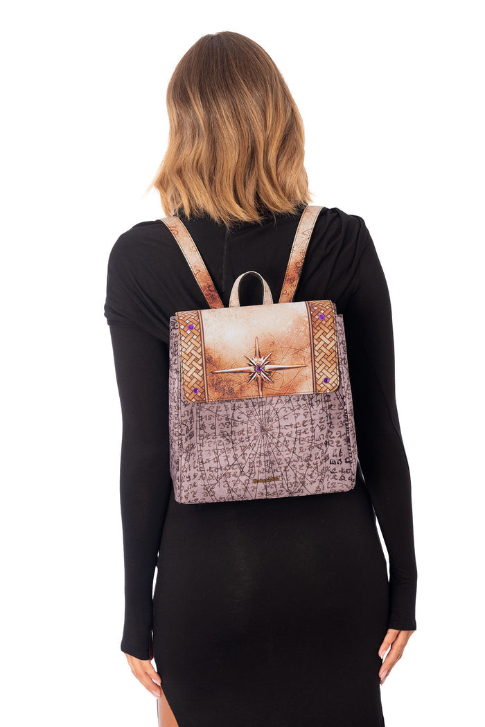 The Elder Scrolls accessory backpack with adjustable straps, front flap closure, decorative jewel studs and Elder Scroll inspired rune artwork
