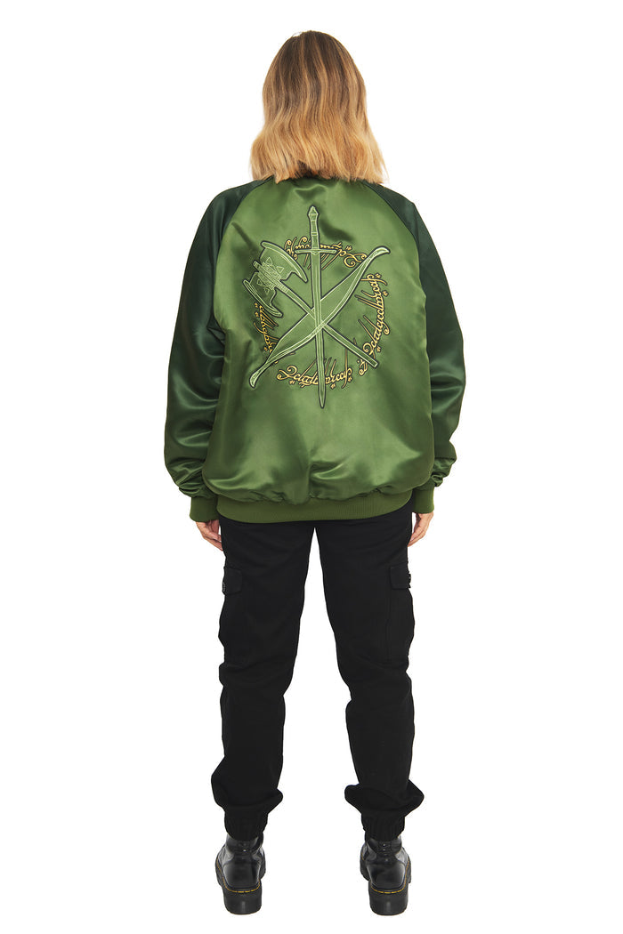 Back view of the BlackMilk Fellowship Souvenir Jacket, featuring a large Lord of the Rings Fellowship of the Ring graphic across the green bomber jacket, a standout piece of nerdcore streetwear.