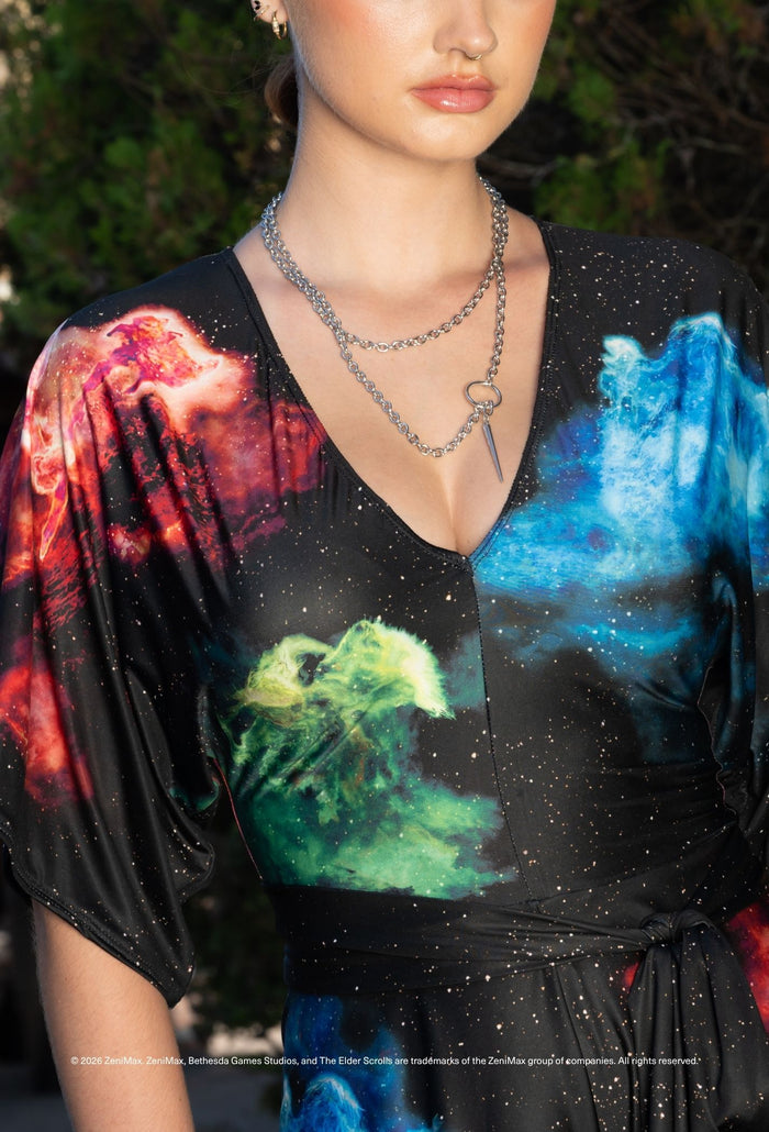 The Elder Scrolls clothing piece with wrap style playsuit, adjustable waist tie, short relaxed sleeves and cosmic pattern design