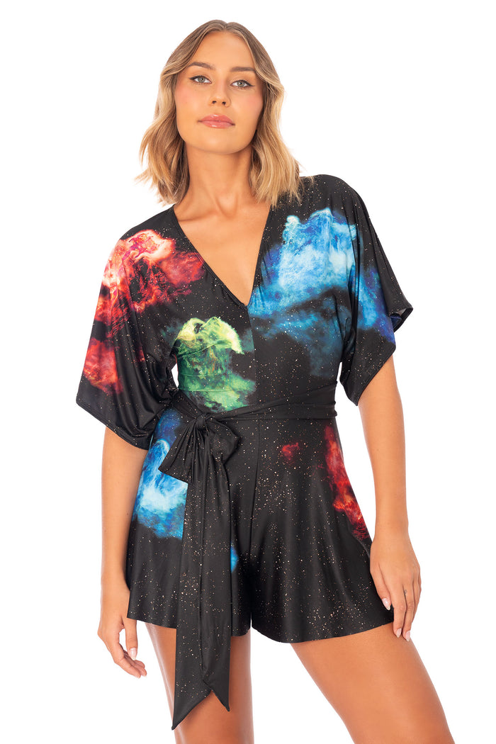 Elder Scrolls apparel playsuit with V neck wrap front, side tie fastening, lightweight slinky fabric and multicolour galaxy print
