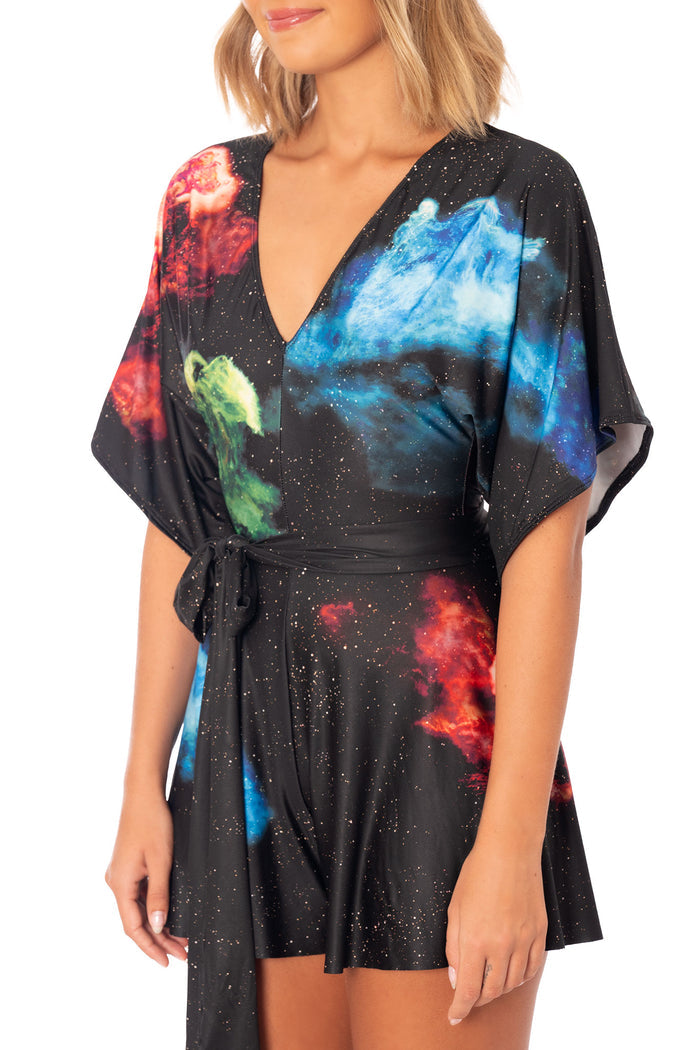 The Elder Scrolls Online fashion inspired playsuit with relaxed fit, tie waist belt and cosmic swirl print inspired by gameplay roles