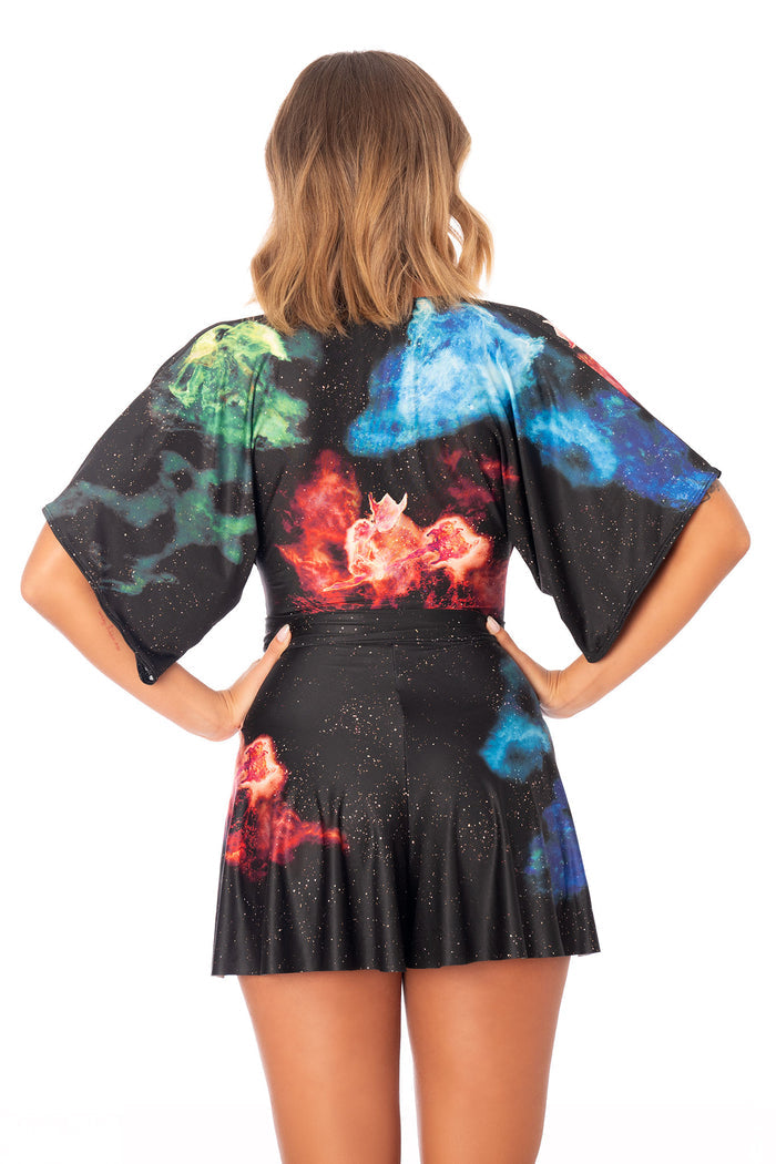Elder Scrolls clothing playsuit inspired by ESO holy trinity with wrap silhouette, adjustable waist tie and soft draped fabric