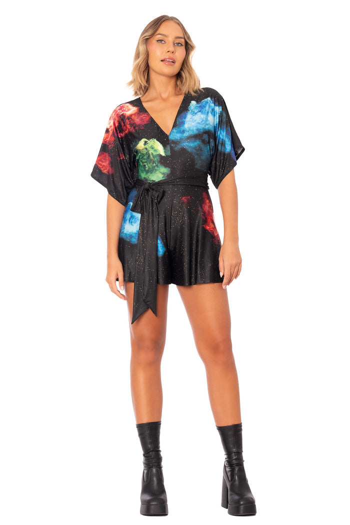 Elder Scrolls apparel playsuit with relaxed short sleeve fit, wrap front detail, waist tie and galaxy inspired print