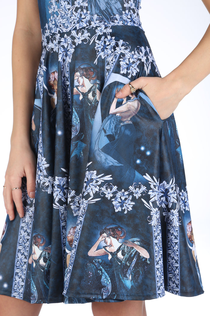 BlackMilk Moon And The Stars Longline Princess Dress featuring Alphonse Mucha inspired moon and stars artwork, fit and flare style with pockets, knee length, soft stretch fabric