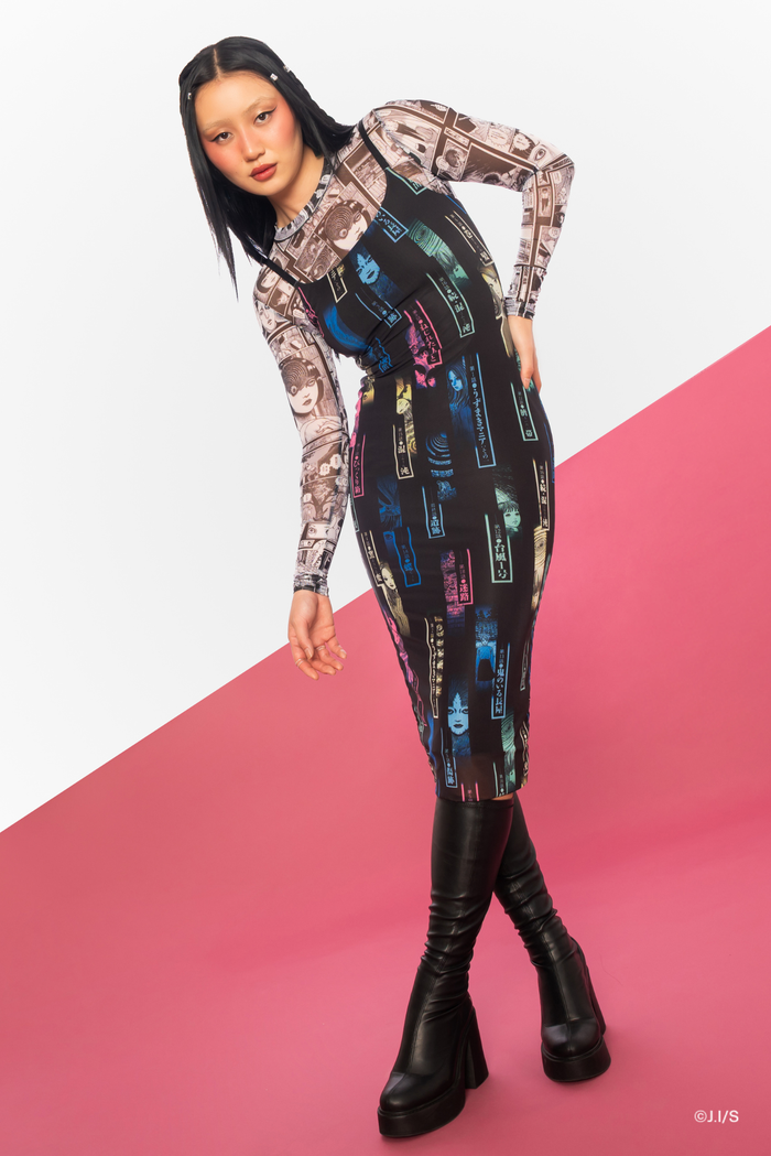 Junji Ito manga print mesh long sleeve top, black and white high neck design in gothic anime streetwear style.
