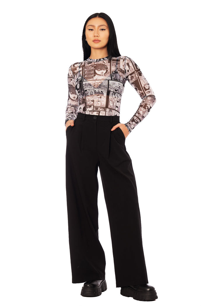 The Scar manga print sheer long sleeve top by Junji Ito x BlackMilk, high neck black and white anime fashion piece with graphic panel artwork.
