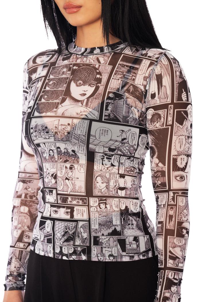 Japanese horror fashion sheer long sleeve top inspired by Junji Ito The Scar, black and white manga print high neck silhouette.