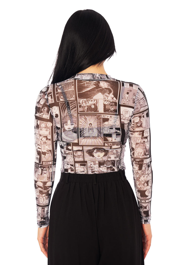 Junji Ito x BlackMilk manga panel long sleeve top, sheer high neck anime clothing in monochrome black and white street style.