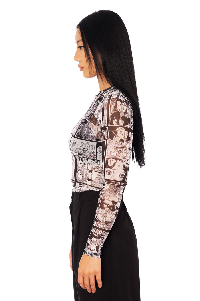 The Scar sheer anime top featuring detailed black and white manga panels, high neck fitted silhouette in Japanese alternative fashion.
