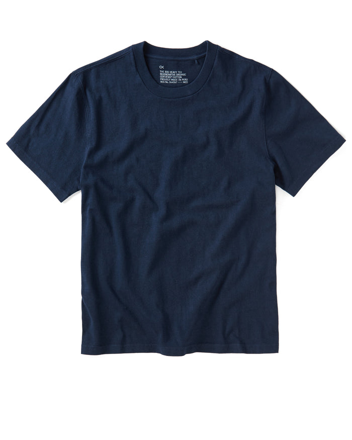 A navy-colored, short-sleeved t-shirt with a ribbed neckline, displayed against a plain background.
