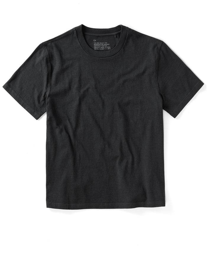 A black, short-sleeved crew neck t-shirt on a white background.