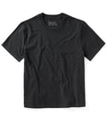 A black, short-sleeved crew neck t-shirt on a white background.