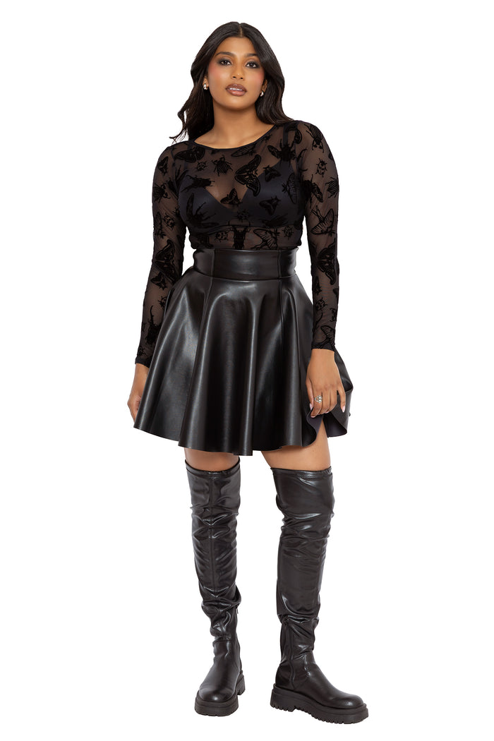 Whimsigoth sheer long sleeve top covered in Ami Raithe’s moth illustrations and gothic insect artwork. This fantasy witch mesh top combines alternative goth style with dark fairycore and cottage witch aesthetics perfect for moonlit layering and festival fashion.