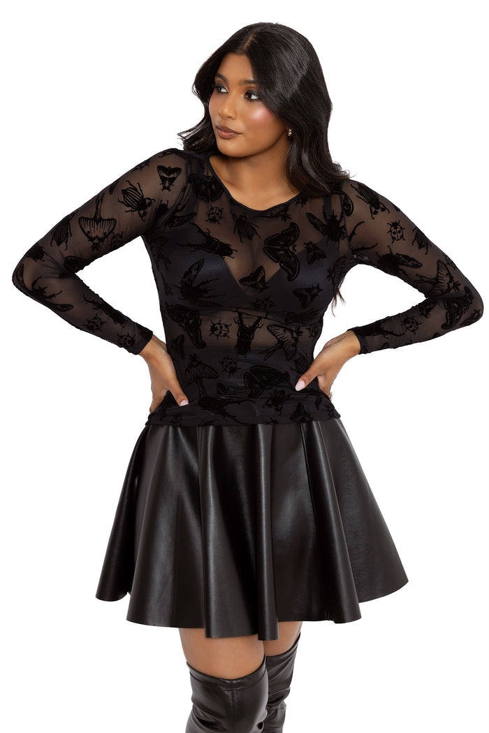 Alternative witchcore sheer mesh top with hand-drawn moth artwork by Ami Raithe, inspired by gothic nature, dark cottagecore and whimsigoth fashion. This fitted long sleeve top features a flattering boat neckline and transparent mesh fabric perfect for layered goth outfits.