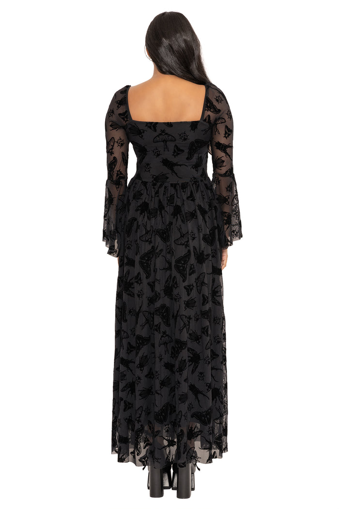 witchcore dress captures dark 
Fantasy witch inspired black mesh maxi dress featuring scattered moth, beetle and insect artwork by Ami Raithe. This whimsigoth dress blends gothic romantic fashion with dark fairycore aesthetics and elegant flowing movement.