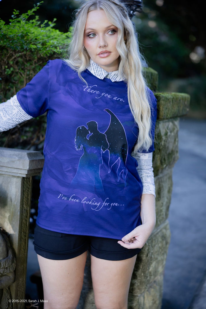 A Court of Thorns and Roses There You Are t-shirt, ACOTAR inspired boyfriend tee by Sarah J Maas with Rhysand and Feyre reference, front text print, moon phase tattoo design on back and relaxed oversized silhouette
