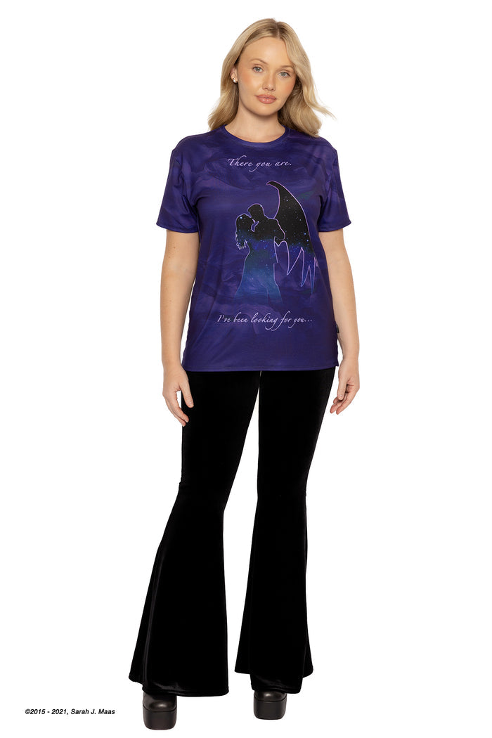 ACOTAR books inspired There You Are boyfriend tee, A Court of Thorns and Roses series design by Sarah J Maas with Rhysand and Feyre reference, moon phase tattoo print and unisex relaxed fit