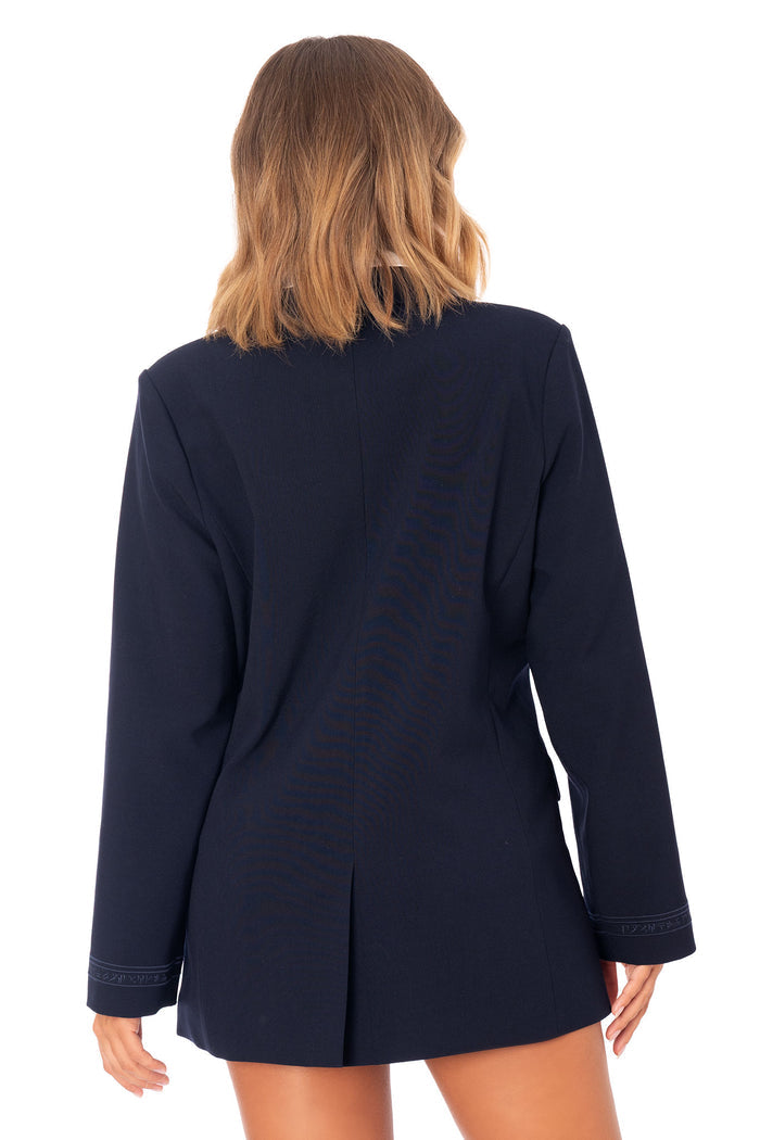 The Elder Scrolls Online fashion inspired blazer with dragon language sleeve embroidery and Dragonborn chest emblem