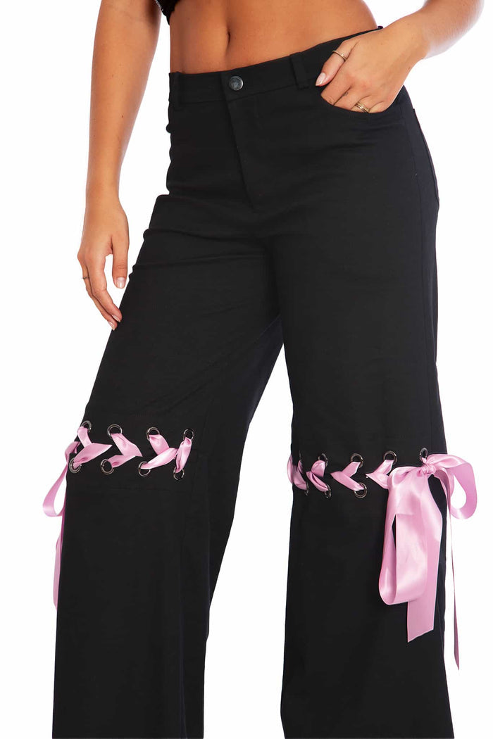 Women's Streetwear Black Cargo Pants With Ribbons