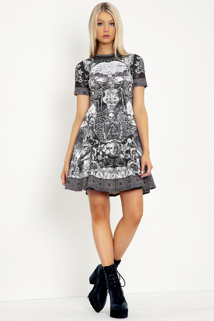 Alternative longline T-shirt dress featuring gothic romance artwork, combining statement style and all-day comfort for casual fashion and weekend outfits.