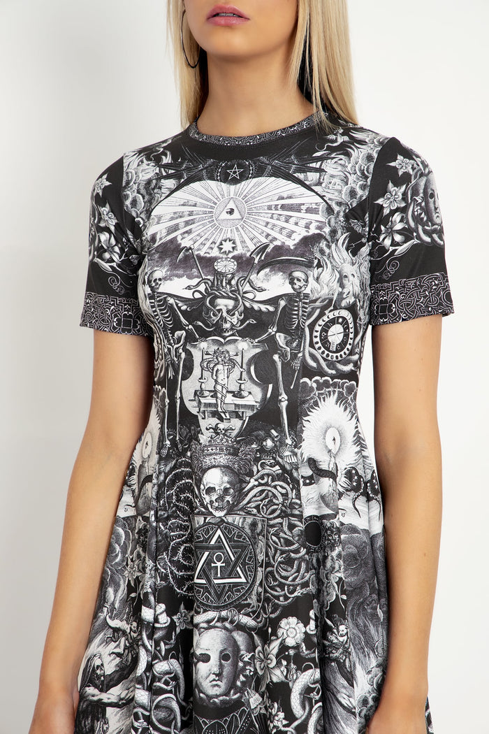 Women's longline graphic tee dress with relaxed silhouette, ideal for alternative streetwear, casual wear and comfortable off-duty fashion.