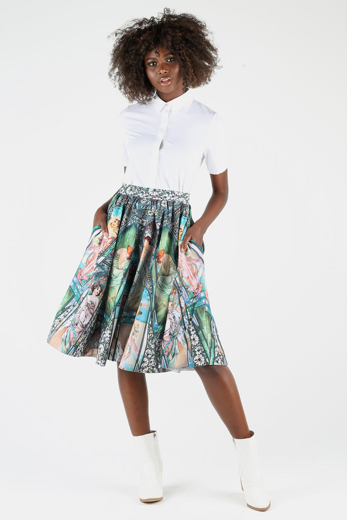 Times Of Day print midi skirt with flattering silhouette, perfect for pairing with blouses, knitwear and fitted tops for office and weekend outfits.