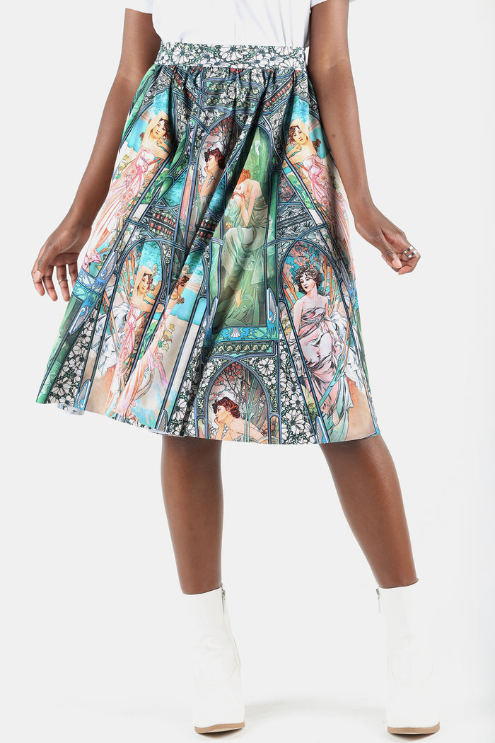 Women's printed pocket midi skirt with comfortable fit, ideal for workwear, smart casual dressing, creative fashion and everyday wear.
