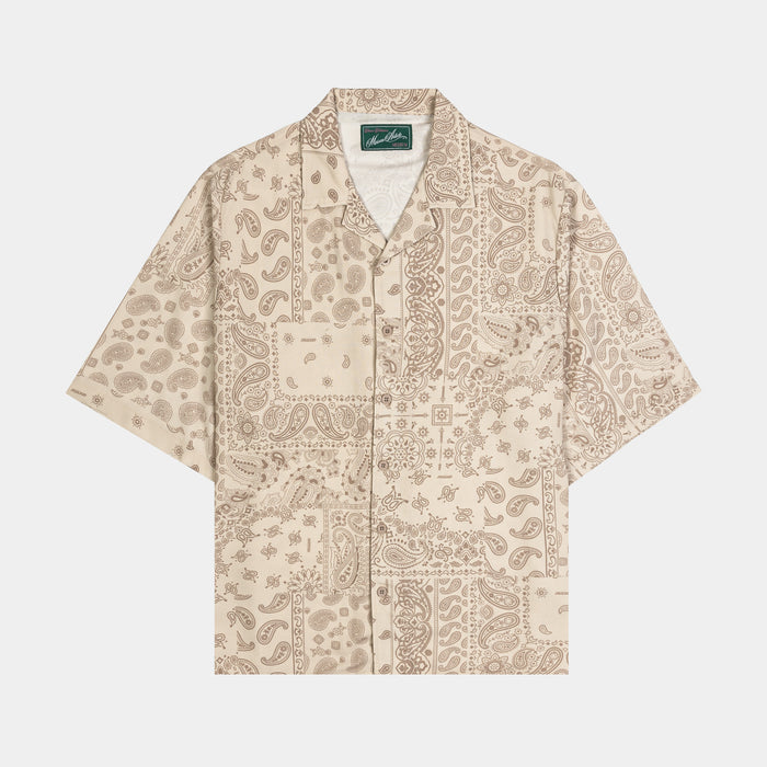 Tonal Paisley Button Up Mens Short Sleeve Shirt (Khaki)