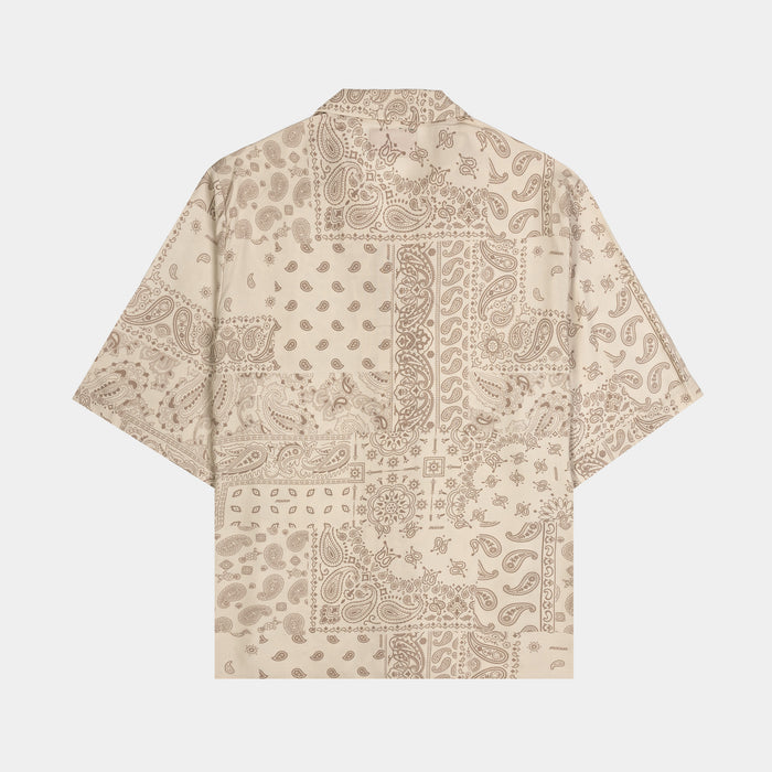 Tonal Paisley Button Up Mens Short Sleeve Shirt (Khaki)