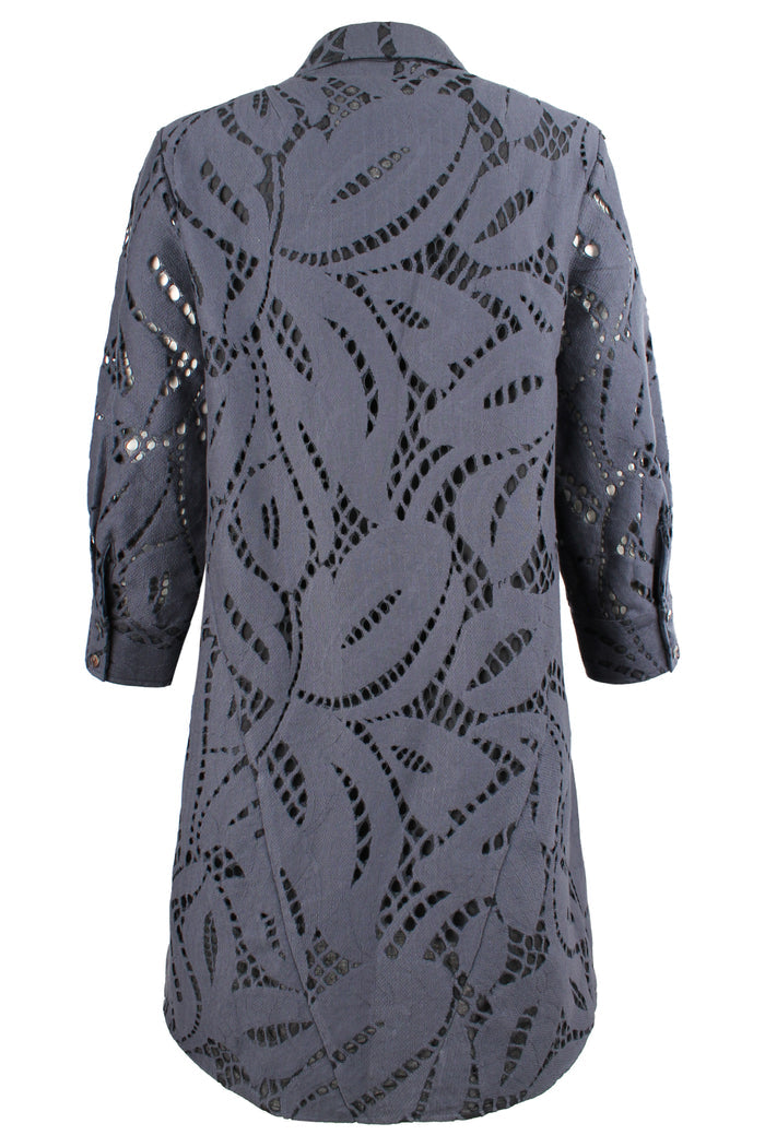 Gray dress with black floral pattern on a white background