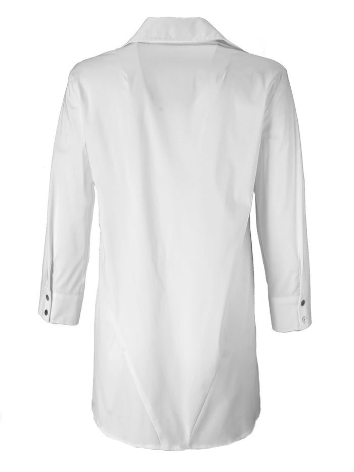 A profile view of the Finley trapeze top, a black button-down tunic blouse with an A-line shape and a relaxed fit.