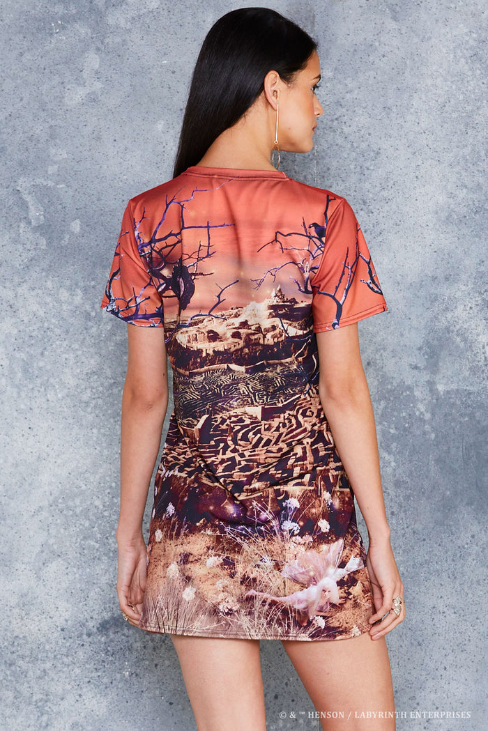 BlackMilk Labyrinth Turn Back Tee Dress - officially licensed Jim Henson's Labyrinth (1986) merch featuring an all-over print of the Goblin City maze and castle under a fiery sunset sky - back view of model.