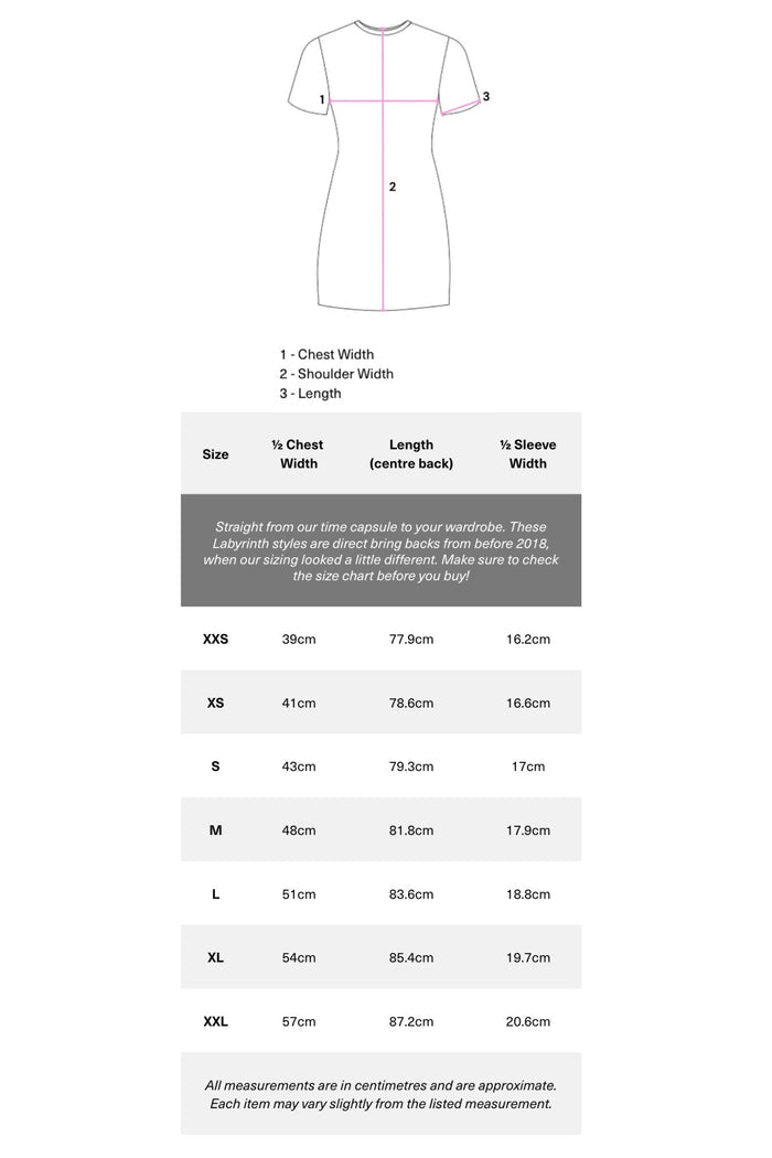 A size measurement chart for a short-sleeve t-shirt, showing a front-view outline with labeled chest, shoulder, and length measurements, plus a size table from XXS to XXL with approximate dimensions.