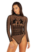 BlackMilk Clothing - Ugly Christmas Sweater Sheer High Neck Long Sleeve Bodysuit