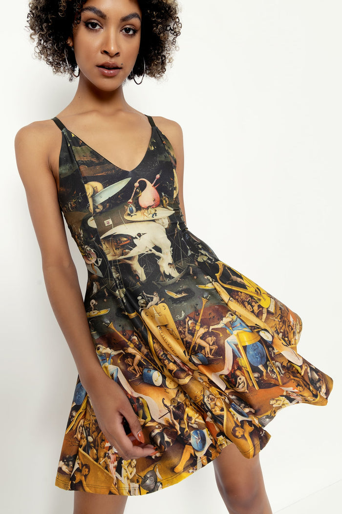 Unearthly Delights Mini Strappy Dress featuring a flattering mini silhouette, adjustable straps and whimsical artwork, perfect for parties, date nights, summer outfits and everyday styling.