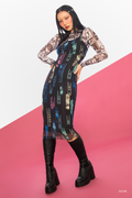 Junji Ito x BlackMilk Unfolding Chapters sheer bodycon slip dress inspired by Uzumaki, vertical manga panel print in neon tones on black mesh midi dress in Japanese horror fashion style.