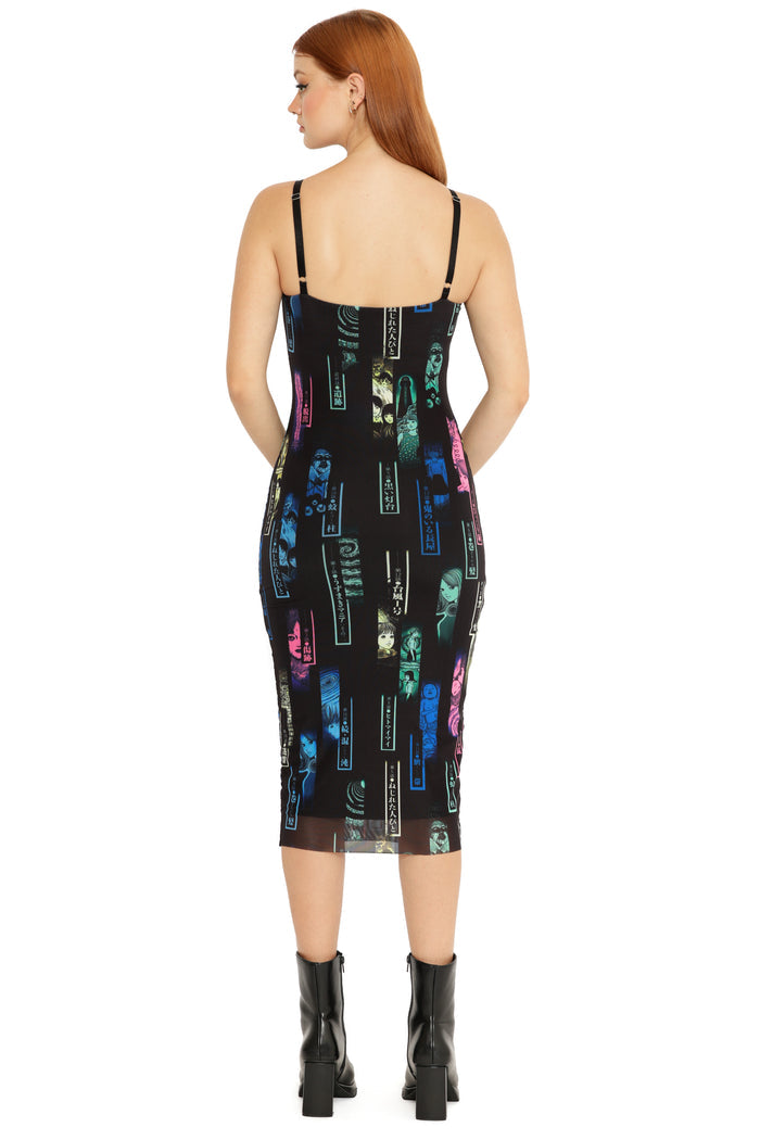 Junji Ito Uzumaki sheer bodycon dress featuring vertical manga chapter artwork, black mesh midi silhouette in gothic Japanese streetwear aesthetic.