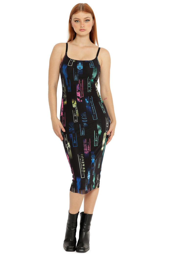 Junji Ito anime slip dress for women featuring Unfolding Chapters manga artwork, fitted sheer mesh silhouette in neon-on-black design.