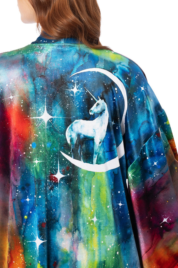 BlackMilk blue velvet full-length kimono featuring Lora Zombie swan design - one-size wearable art robe