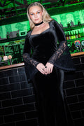 BlackMilk Velvet and Lace Morticia Dress – black velvet gothic Halloween dress with lace bell sleeves, part of the BlackMilk Clothing Halloween collection