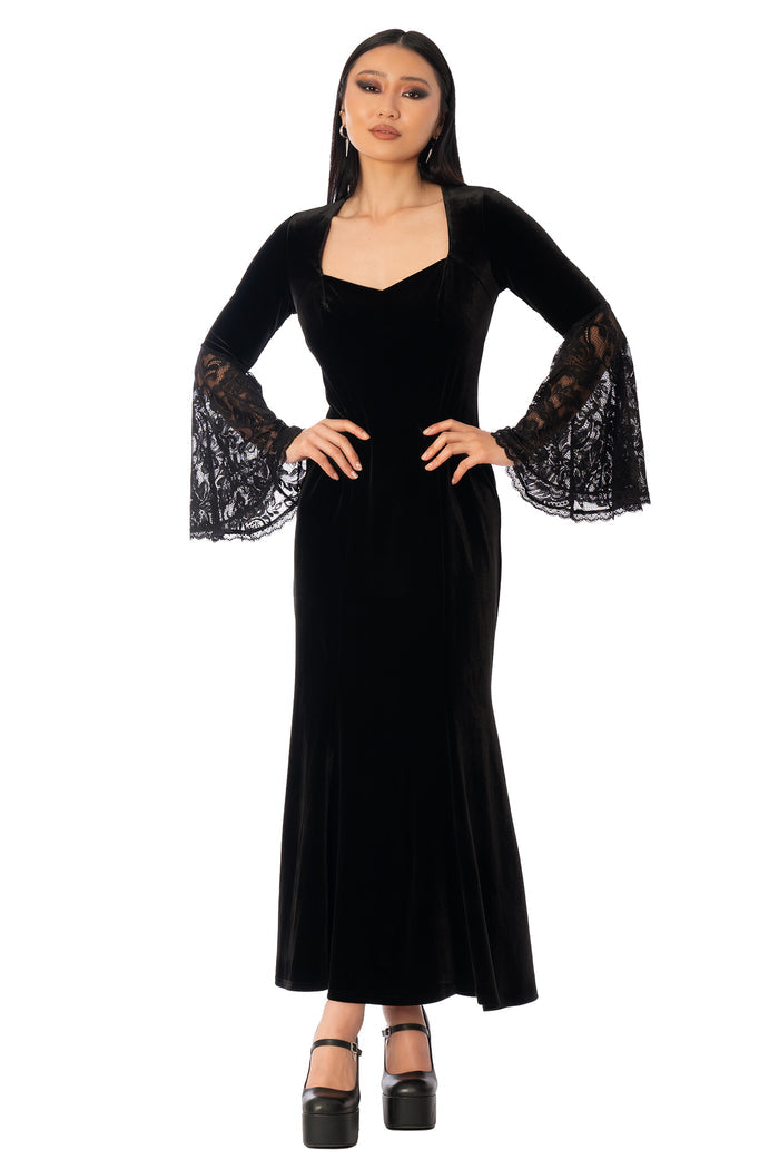 BlackMilk Velvet and Lace Morticia Dress – black velvet gothic Halloween dress with lace bell sleeves, part of the BlackMilk Clothing Halloween collection