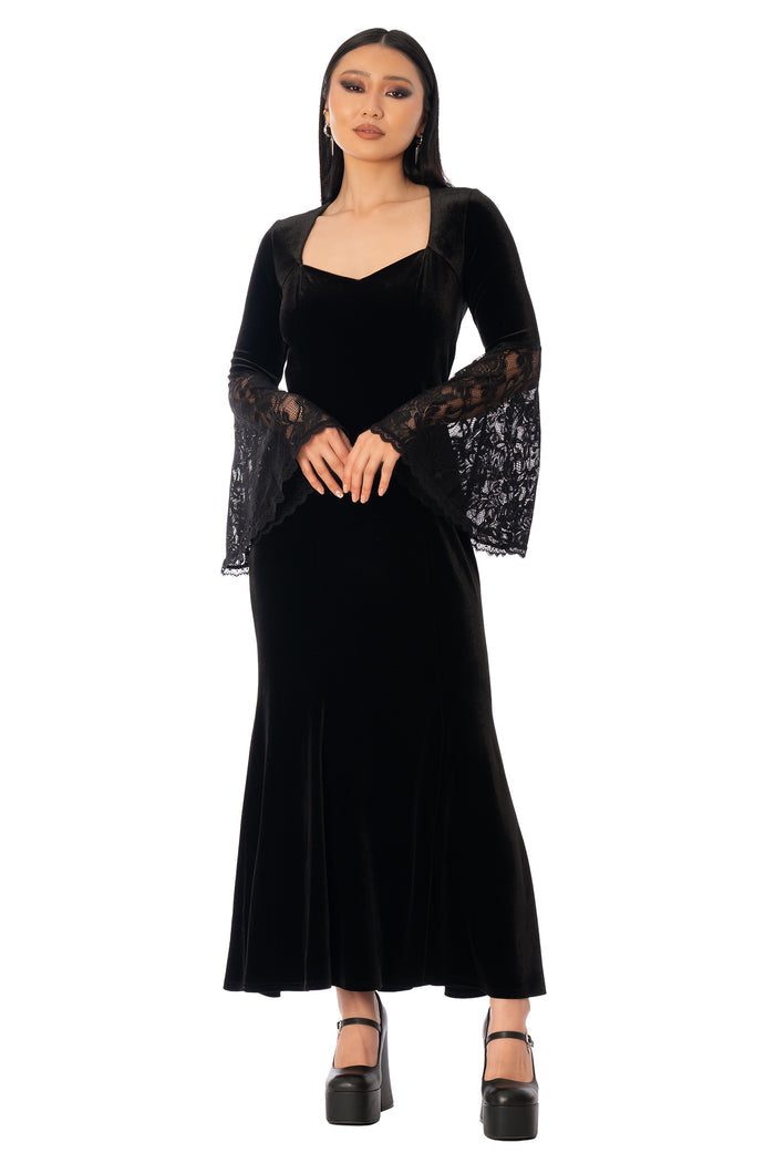 BlackMilk Velvet and Lace Morticia Dress – black velvet gothic Halloween dress with lace bell sleeves, part of the BlackMilk Clothing Halloween collection