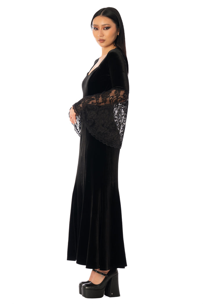 BlackMilk Velvet and Lace Morticia Dress – black velvet gothic Halloween dress with lace bell sleeves, part of the BlackMilk Clothing Halloween collection