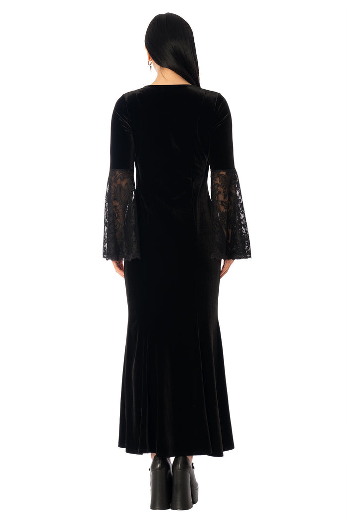 BlackMilk Velvet and Lace Morticia Dress – black velvet gothic Halloween dress with lace bell sleeves, part of the BlackMilk Clothing Halloween collection